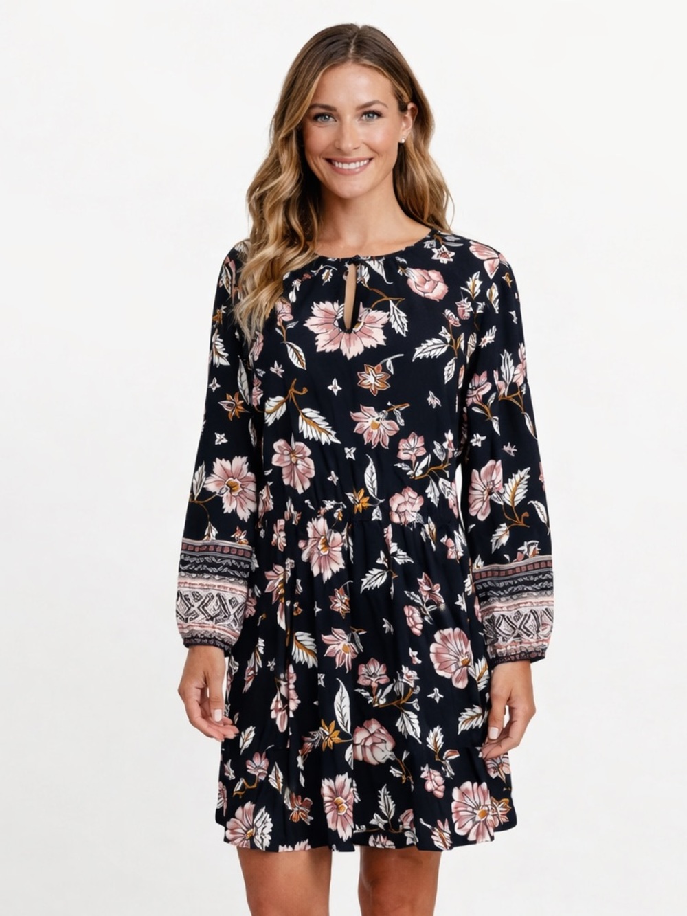 Old Navy Floral Long Sleeve A Line Dress Keyhole Neck Black Pink Ivory Size M